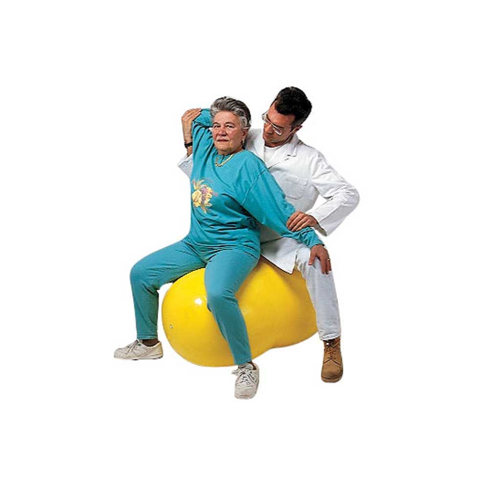 Gelber Physio-Roll (Doppelball) unter einer sitzenden Person