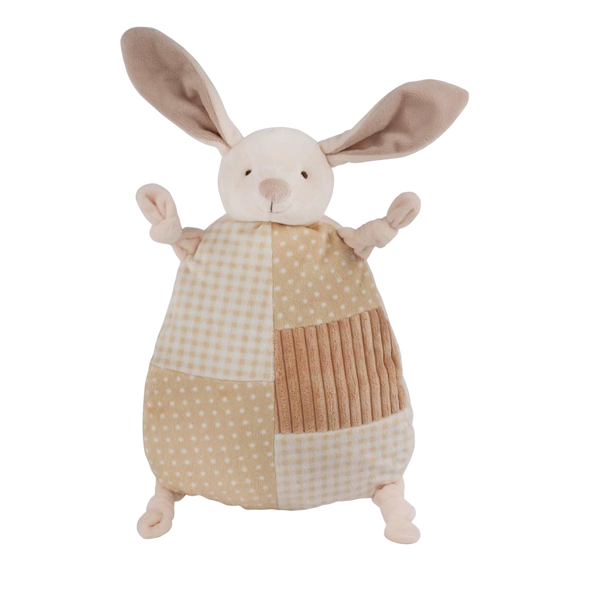 Plüsch-Wärmflaschenbezug Hase in beigem Patchwork mit gestreiften Beinteilen und langen Ohren