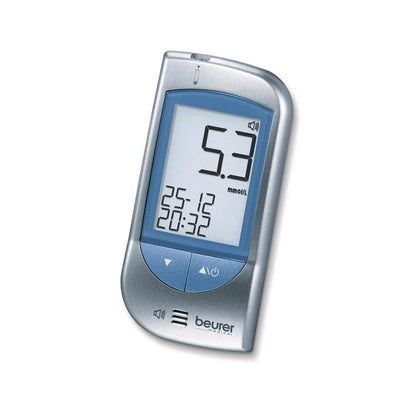 Beurer Blutzuckermessgerät GL34 im Handformat mit blauem Display und mmol/l-Anzeige