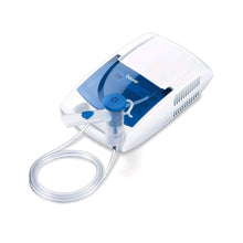 Asthma-Inhalator mit Druckvernebler, weiß/blau, mit Schlauch und Vernebler-Aufsatz