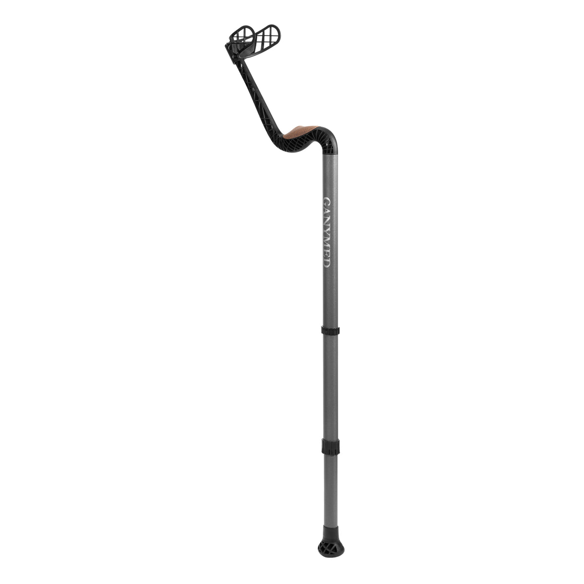 Unterarmgehhilfe mit Clip, graue Stange und Korbgriff für Hand