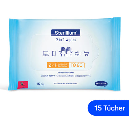 Sterillium® 2-in-1 Wipes Packung, Vorderseite mit Piktogrammen und 15 Tücher