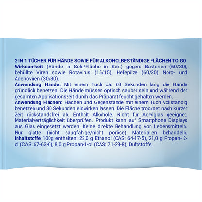 Sterillium® 2-in-1 Wipes Rückseite mit Anwendungshinweisen und Inhaltsangaben