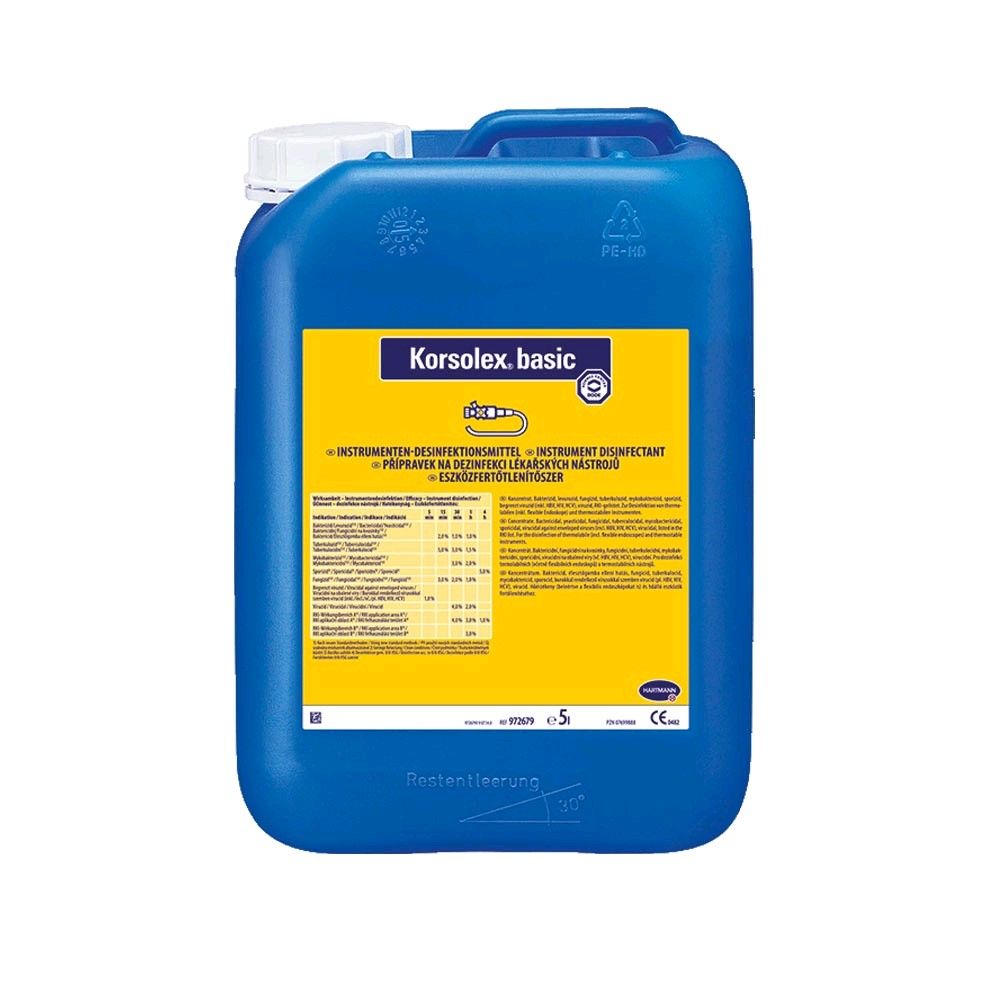 Instrumenten-Desinfektionsmittel-Kanister Korsolex® basic, blau, gelbes Frontetikett