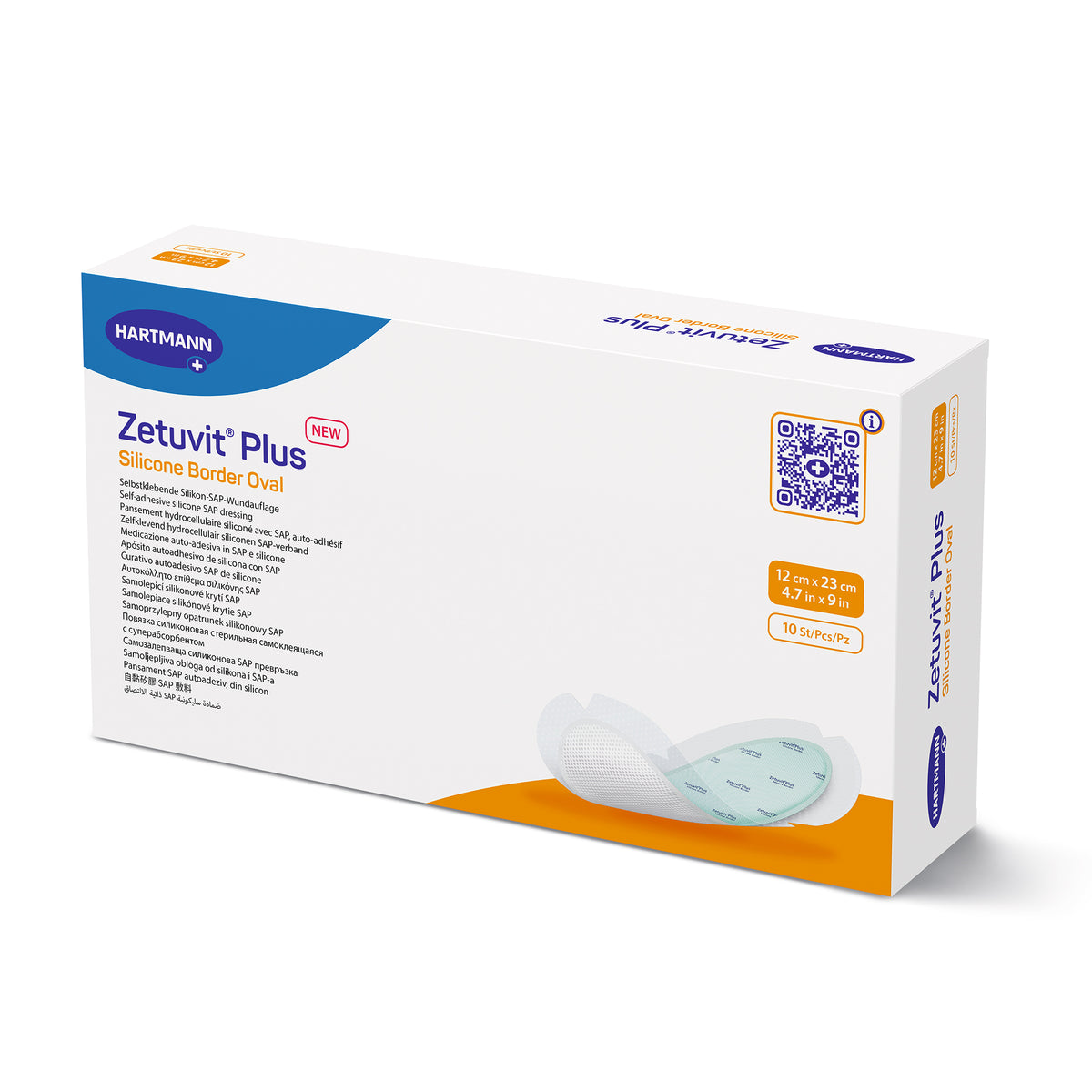 Hartmann Zetuvit® Plus Verpackung mit ovalem Wundauflage-Motiv und Größenangaben