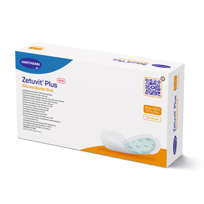 Hartmann Zetuvit® Plus Verpackung mit ovalem Wundauflage-Motiv und Größenangaben