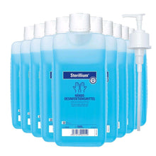 Sterillium Händedesinfektion: mehrere blaue 1000-ml-Flaschen mit Dosierpumpe