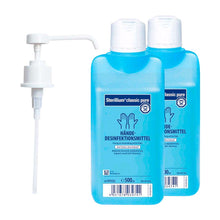 Sterillium classic pure Händedesinfektion in zwei blauen Flaschen mit Dosierpumpe