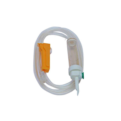 Infusionsset, transparenter Schlauchring mit orange Klemme und weißem Luer-Anschluss