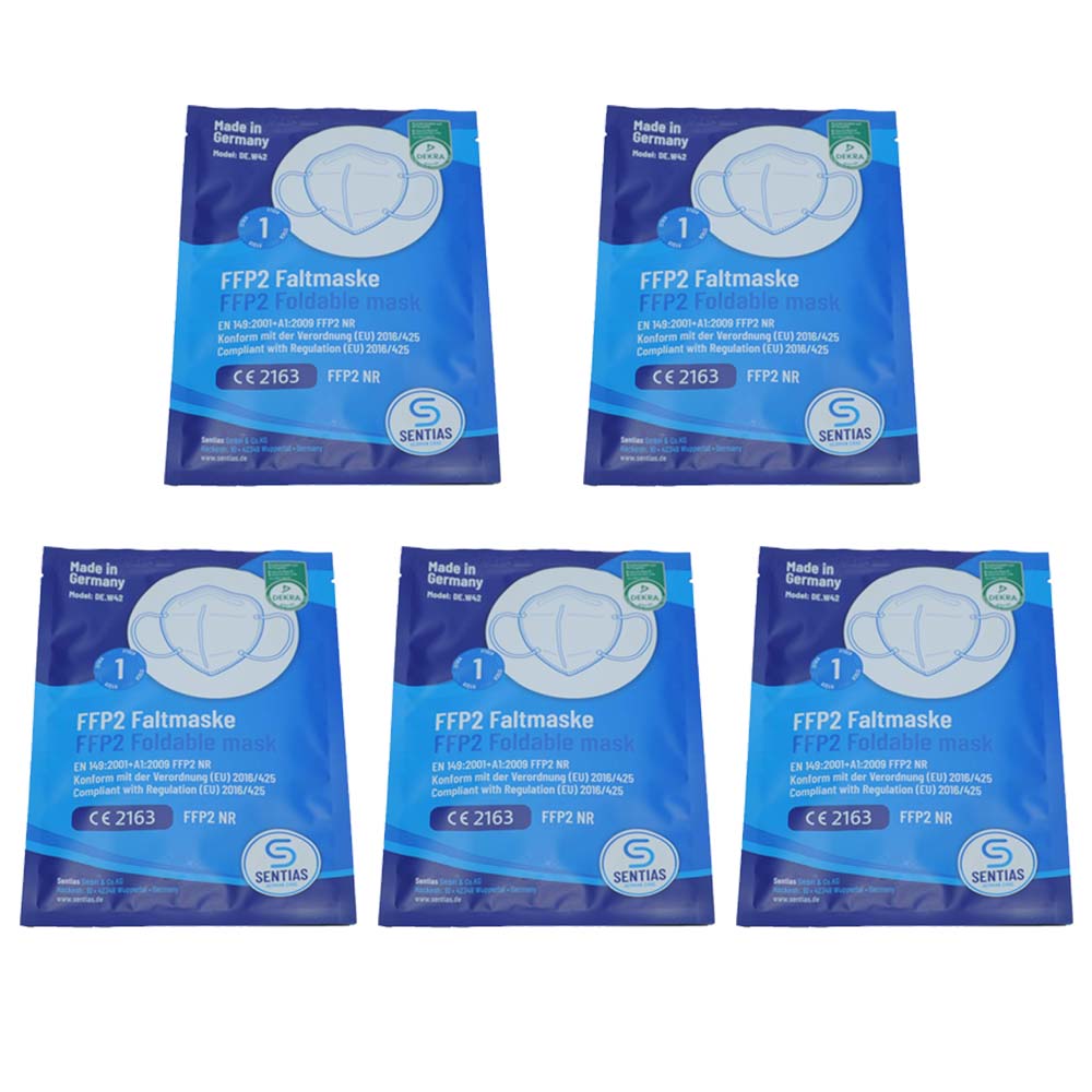 FFP2-Faltmasken in blauer Packung, sechs Stück nebeneinander