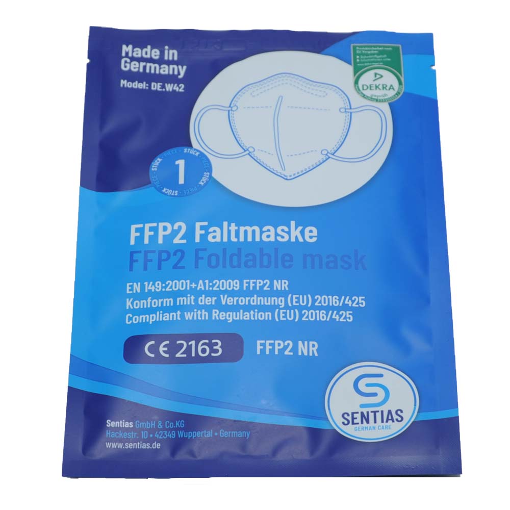 FFP2-Faltmaske in blauer Packung, vorn bedruckt
