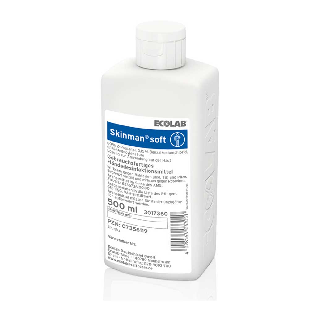 Ecolab Skinman soft Händedesinfektion, 500-ml-Flasche mit weißer Schraubkappe