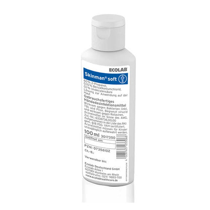 Ecolab Skinman soft Händedesinfektion, 100-ml-Flasche mit weißem Schraubdeckel
