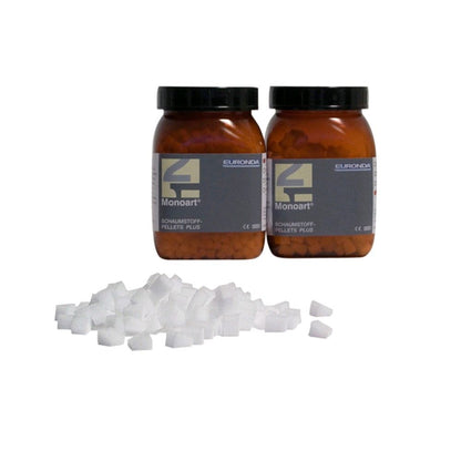 Euronda Monoart Schaumstoffpellets mit zwei Flaschen und weißen Schaumstoffstücken