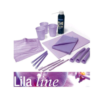 Behandlungsset in Lila: Becher, Einlagen, Instrumente und Flasche