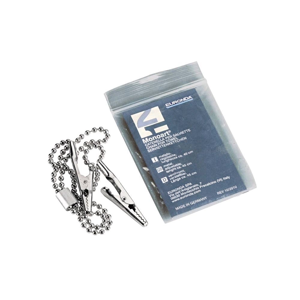 Serviettenkettchen Euronda: silberne Kugelmetallkette mit Knebel-Clip und Kunststofftasche