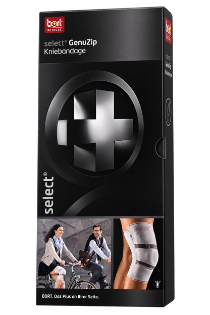 Bort select GenuZip Kniegelenkbandage links, silberne Verpackung