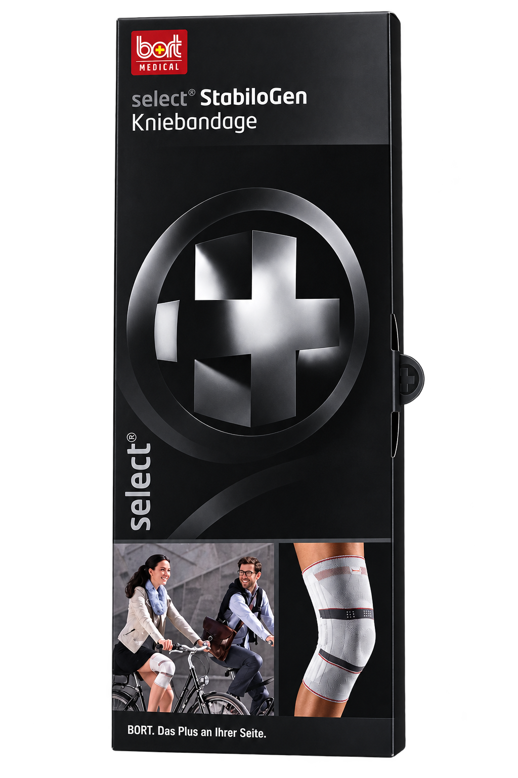 Kniebandage mit seitlicher Stütze und Trägern, antimikrobiell