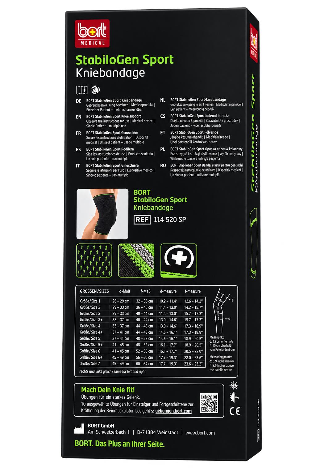 BORT StabiloGen Sport Kniebandage: Rückseite mit Größen- und Bandage-Grafik auf Packung