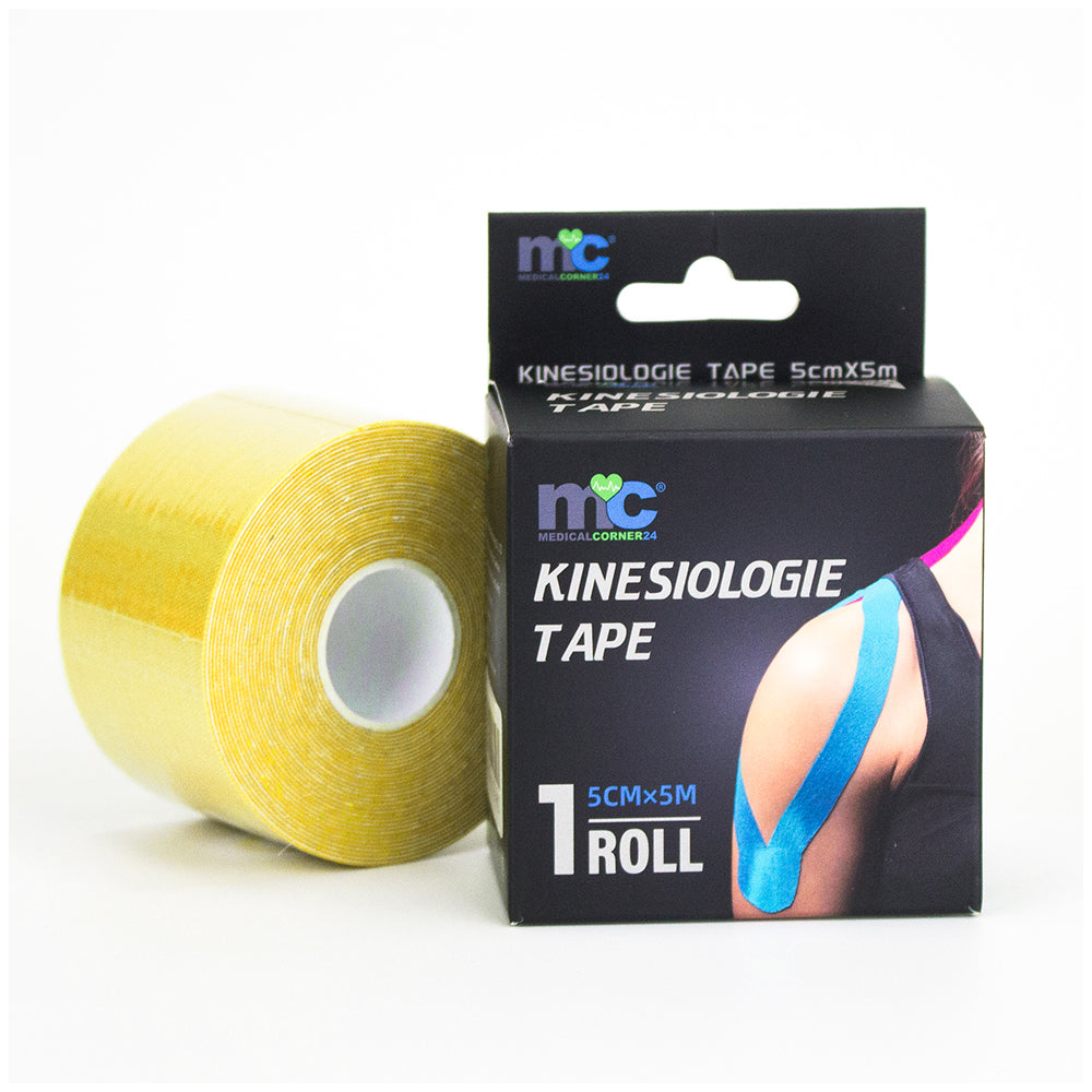 Kinesiologie-Tape-Rolle und Verpackung, Farbe gelb