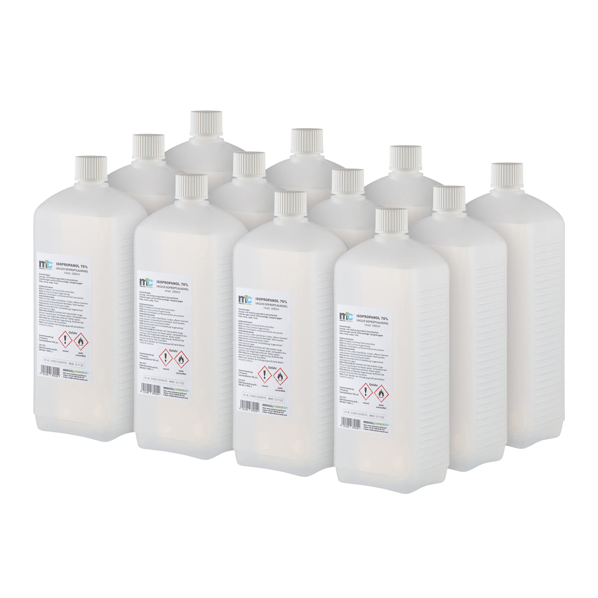 Reihe Isopropanol 70%-Flaschen mit weißen Schraubverschlüssen und Sicherheitsaufklebern
