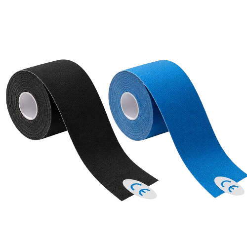 Kinesiologie-Tape-Set, latexfrei: schwarze und blaue Rollen mit Bandende