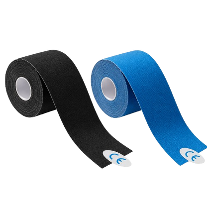 Kinesiologie-Tape-Set, latexfrei: schwarze und blaue Rollen mit Bandende