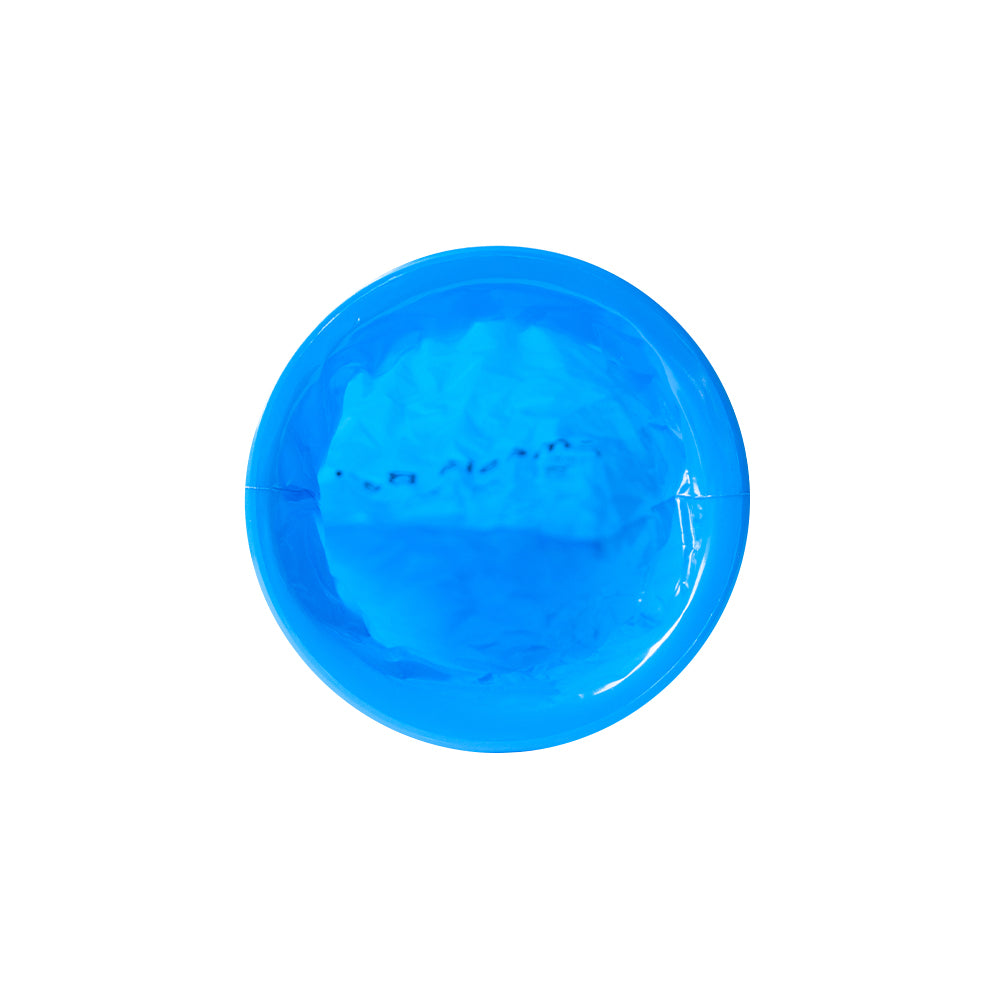 Blaue Spuckbeutelöffnung mit glatter, glänzender Oberfläche.