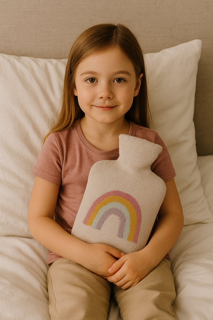 Wärmflasche mit weißem Strickbezug und Regenbogenmotiv, von einem Kind gehalten