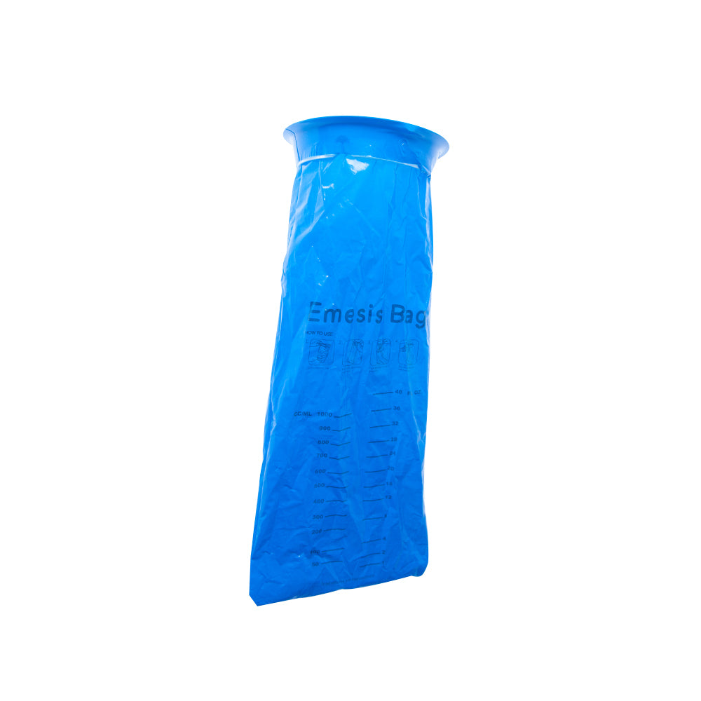 Blauer Spuckbeutel mit bedruckter Skala und eingedruckter Beschriftung.