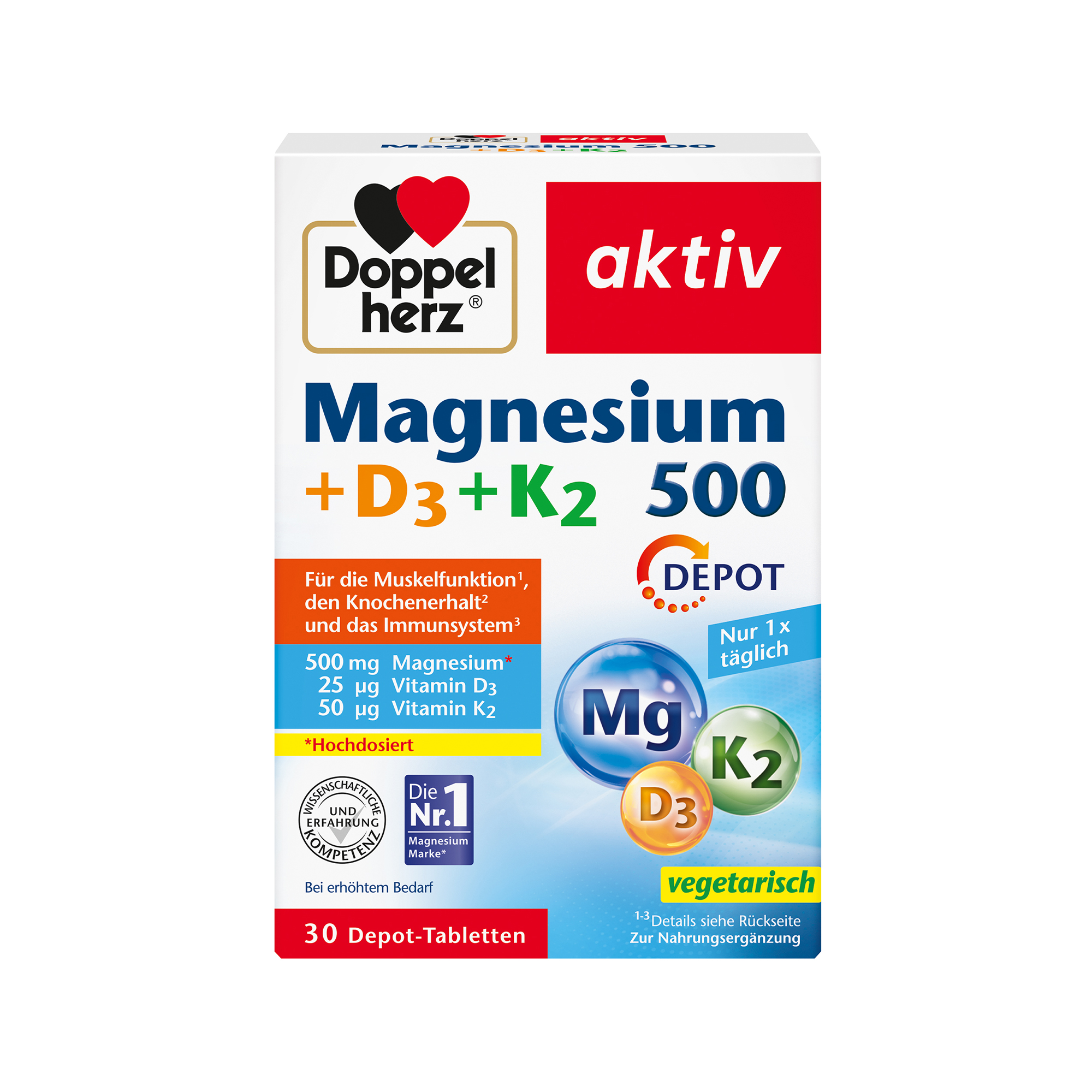 Doppelherz aktiv Magnesium 500 + D3 + K2 Depot, 30 Tabletten