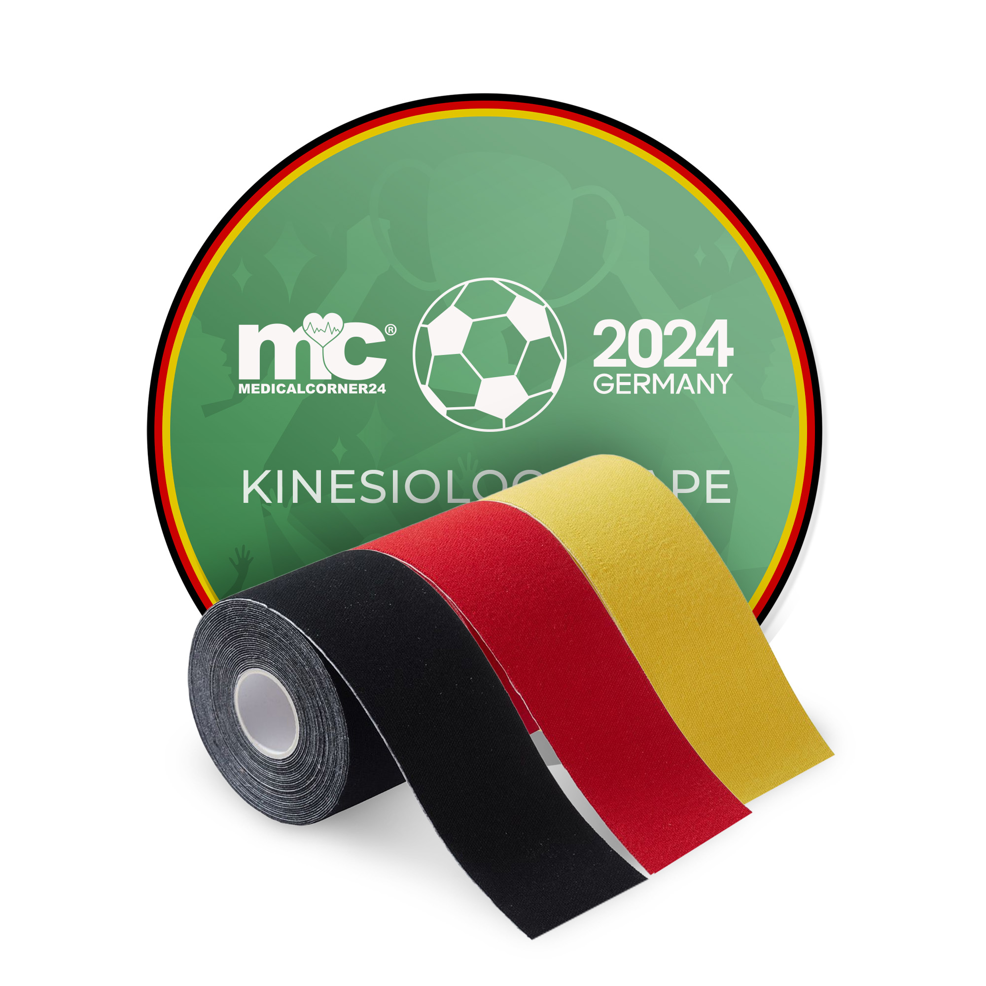 MC24 EM 2024 Kinesiologie Tapes, 5cmx5m, schwarz, rot, gelb, 3 Rollen